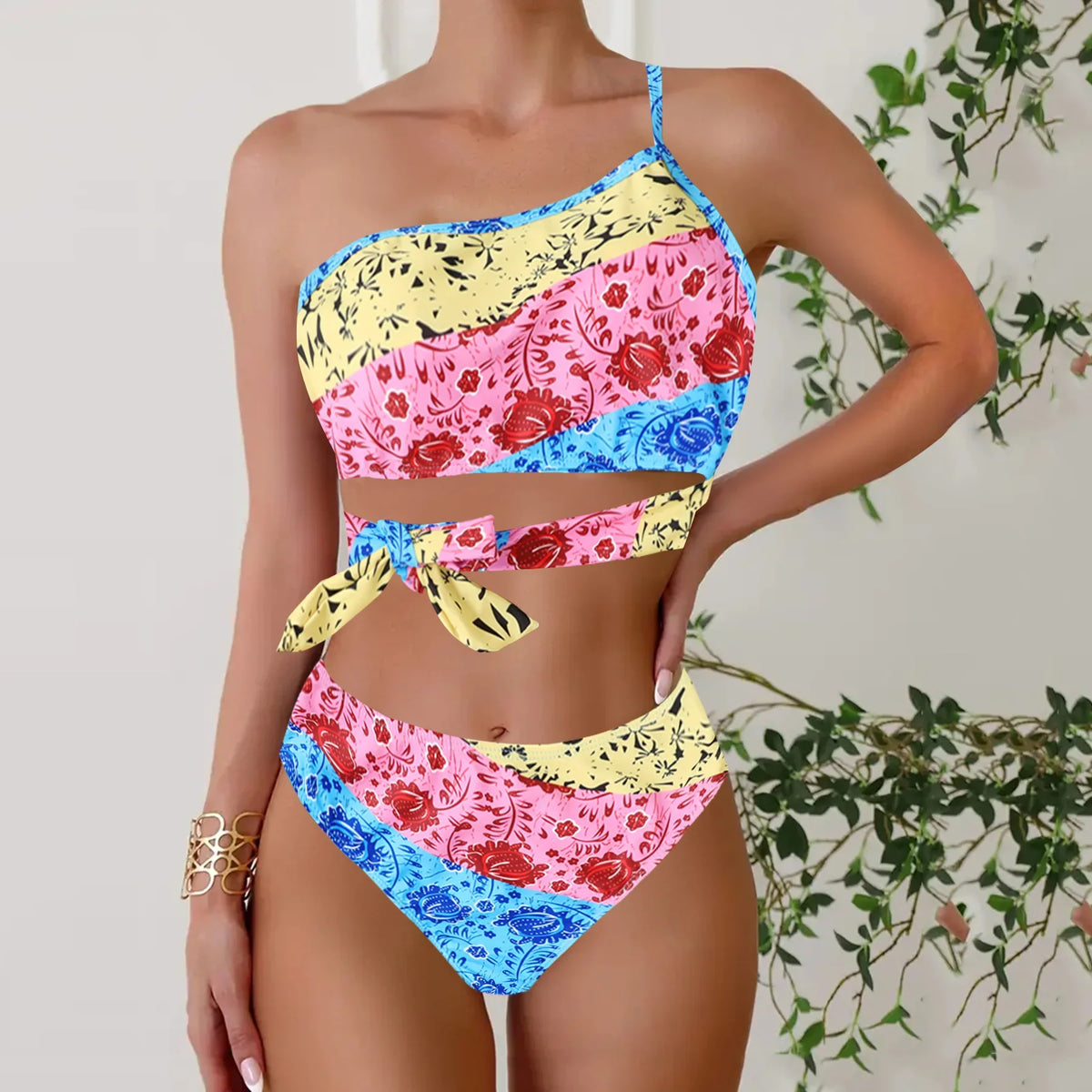 Bottom & Supportive Top One Shoulder Asymmetrical Two Piece Swimsuit Fashion Panties Set