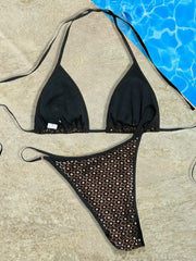 Sheer Mesh Black Bikini Set Ultra Cutout Two-Piece Swimwear See-Throughwear Thongs Panties Set Swim