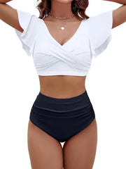 Solid Bikini Set V-Neck Twist Front Top & Panties Two Piece Swimsuit Corset Swimwear