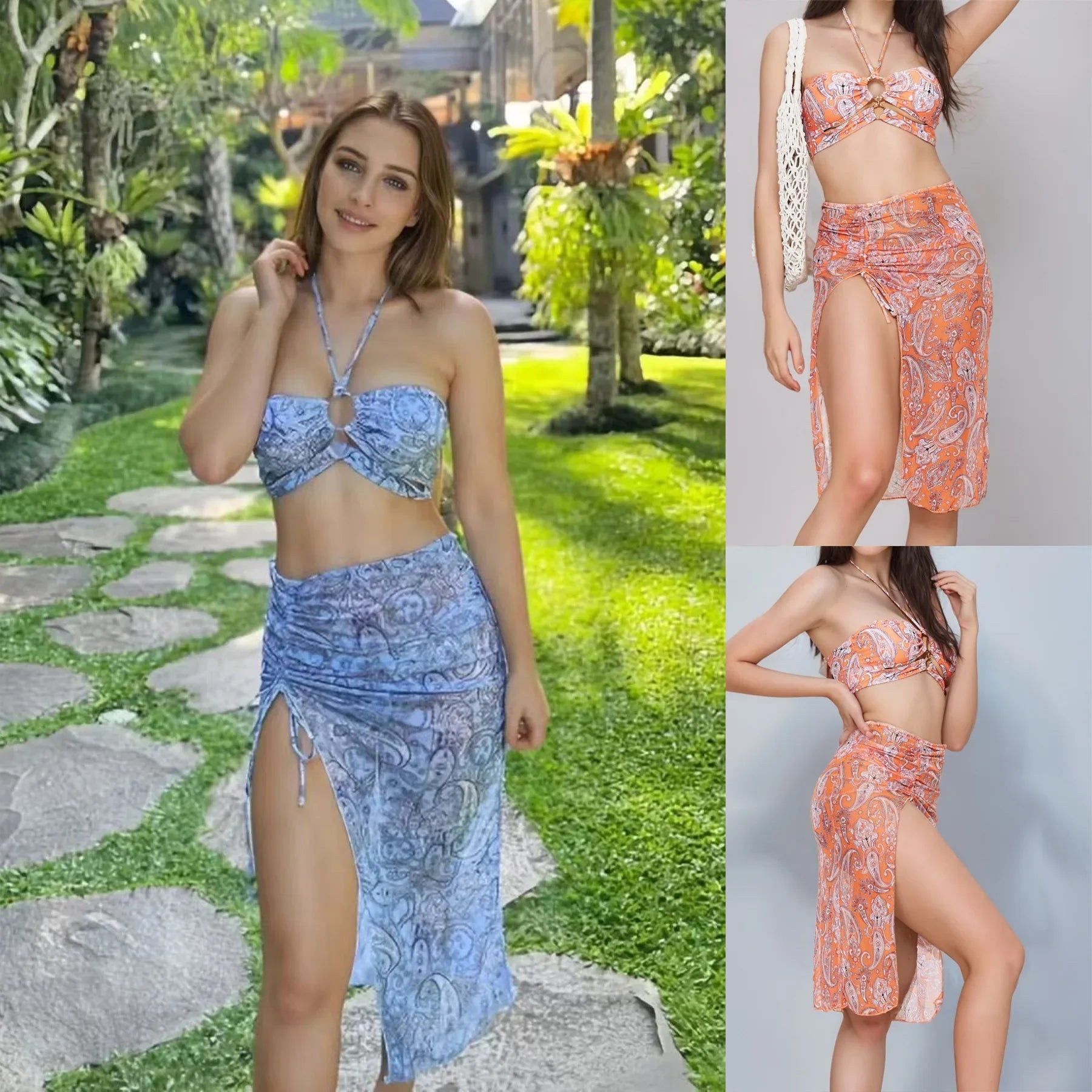 3 Piece Suit Matching Sets Crop Tank Top With Thongs Midi Split Style