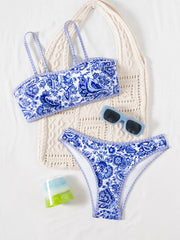Strapless Bikini Set Detachable Thin Strap Printed Swimsuit Bandeau Two Piece Bathing Swimsuit