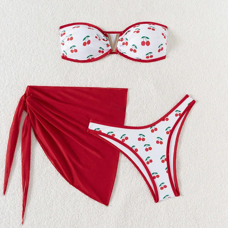 Off Shoulder Printed Bikini Set 3-Piece Swim Dress with Cover Up Two-Piecewear
