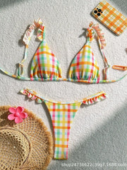 Bikini Set Floral Lace Grid Tie Side Swimsuit Two Piece Bathing Suit Push Uped Suit