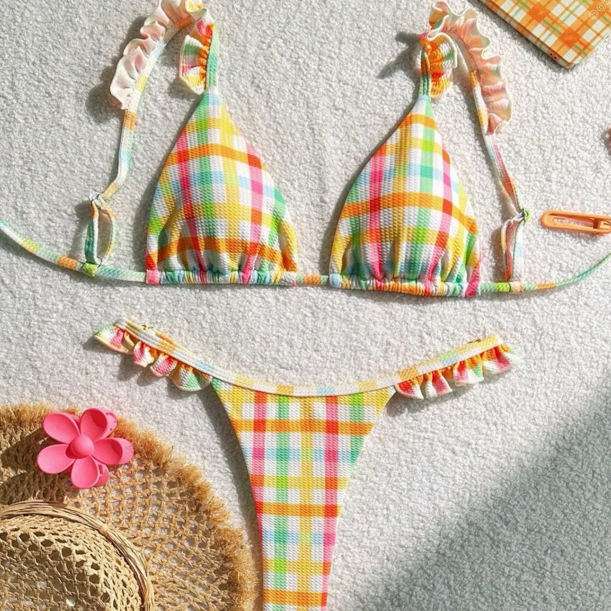 Bikini Set Floral Lace Grid Tie Side Swimsuit Two Piece Bathing Suit Push Uped Suit