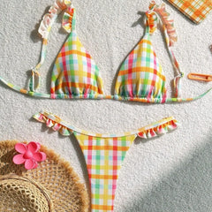 Bikini Set Floral Lace Grid Tie Side Swimsuit Two Piece Bathing Suit Push Uped Suit