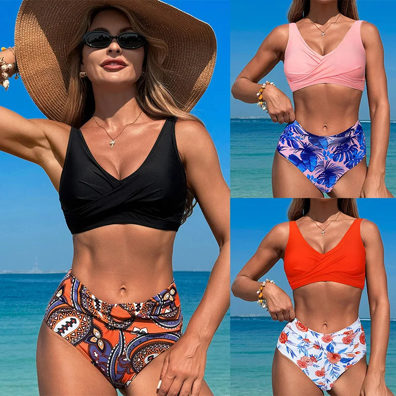 Two Piece Matching Set Swimwear Crop Top With Floral Panties Home Suit For