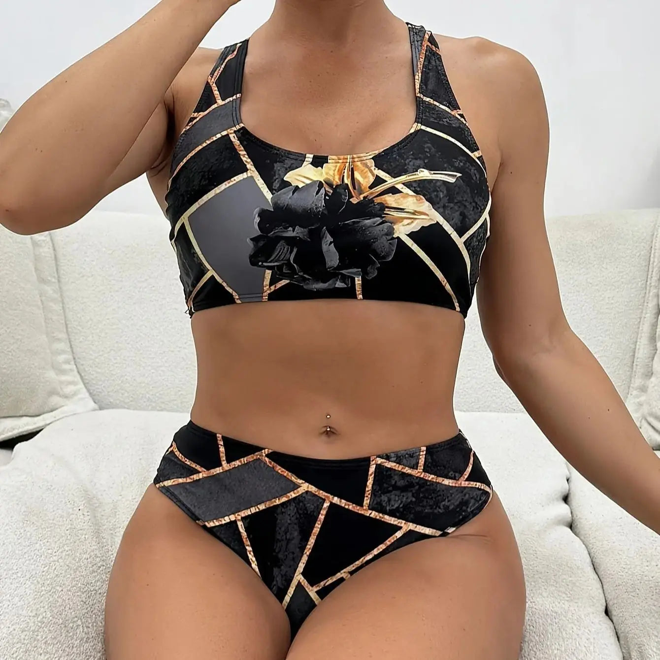 Tank Bikini Sets Printed Two Piece Swimsuit Corset Wear Black Fashion Sea Side