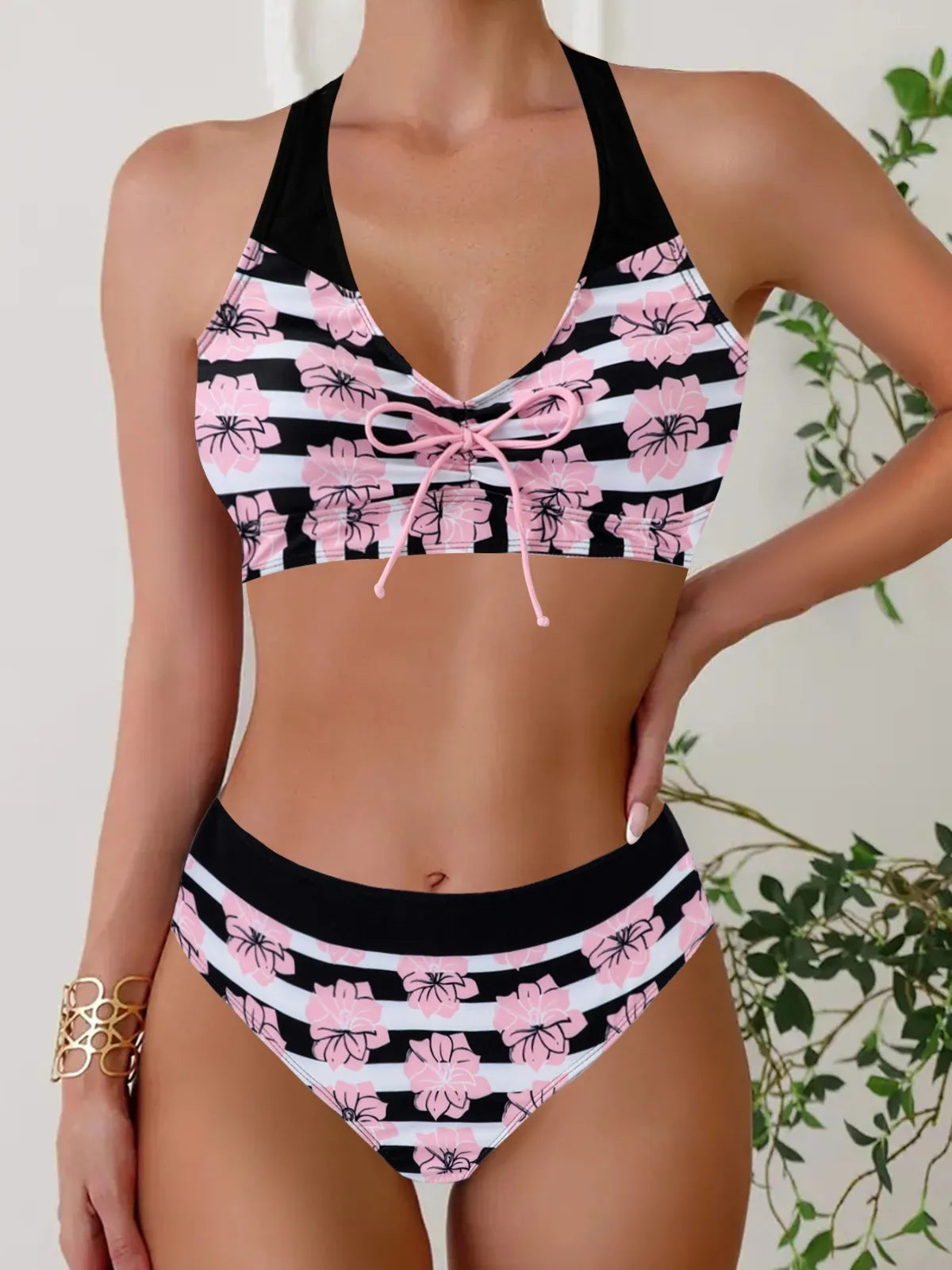 High-Waist Bikini Set Striped Two-Piece Swimsuit with Tie-Detail Trendywear Floral Lace Up