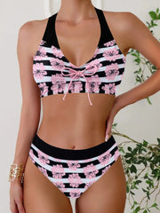 High-Waist Bikini Set Striped Two-Piece Swimsuit with Tie-Detail Trendywear Floral Lace Up