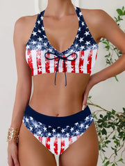 High-Waist Bikini Set Striped Two-Piece Swimsuit with Tie-Detail Trendywear Floral Lace Up