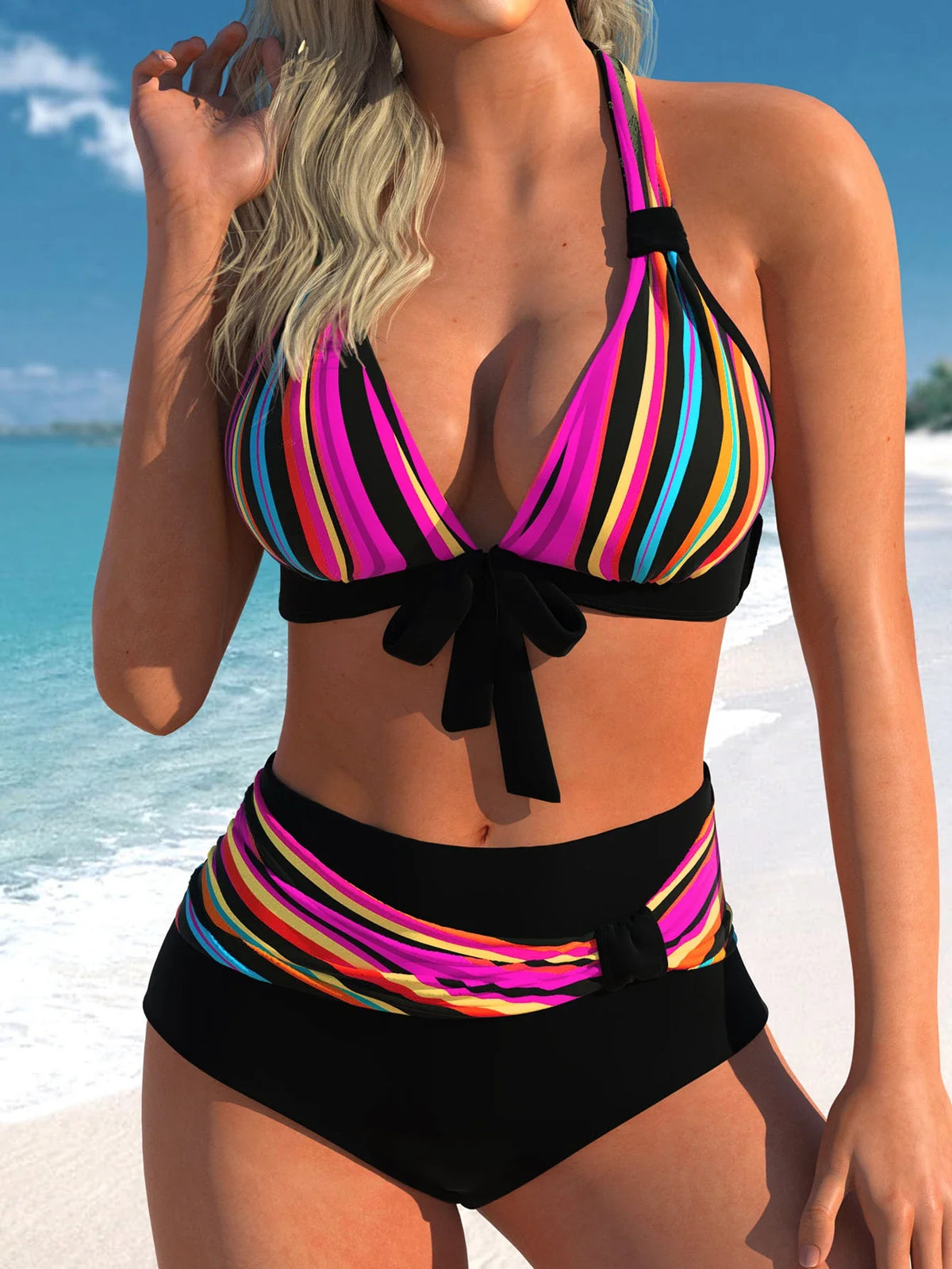 Striped Bikini Set Push-Up & Backless Swimwear Color Block Two-Piece Lace Up High Rise Panties Swimsuit