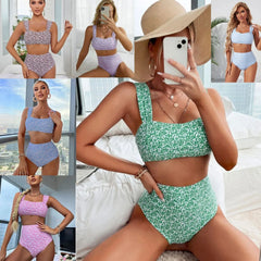 Trendy Bikini Set Floral Digital Print Two-Piece Swimsuit Adjustable Ties & Top