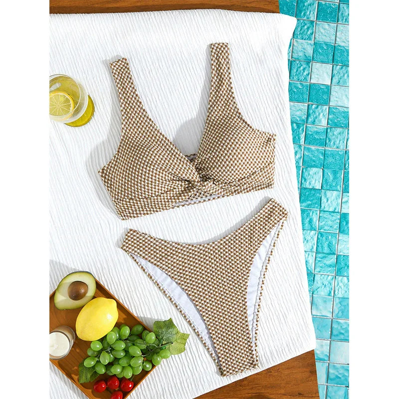 Trendy Plunge Bikini Seted Floral Grid Print Two Piece Swimsuit Thongwear Two Piece