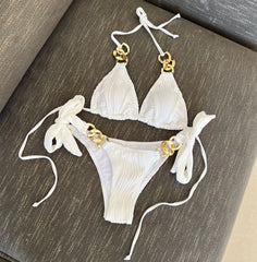 Trendy Solid Color Bikini Set Two-Piece D-Ring Tie Detail Adjustable Halter Neck Lace Up Bandagewear