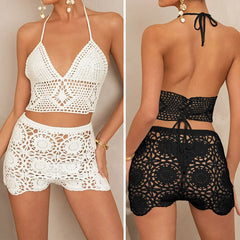 Water-Soluble Lace Set Cutout Halter Tops & Solid Color Cover Up Dress Two Piece Set