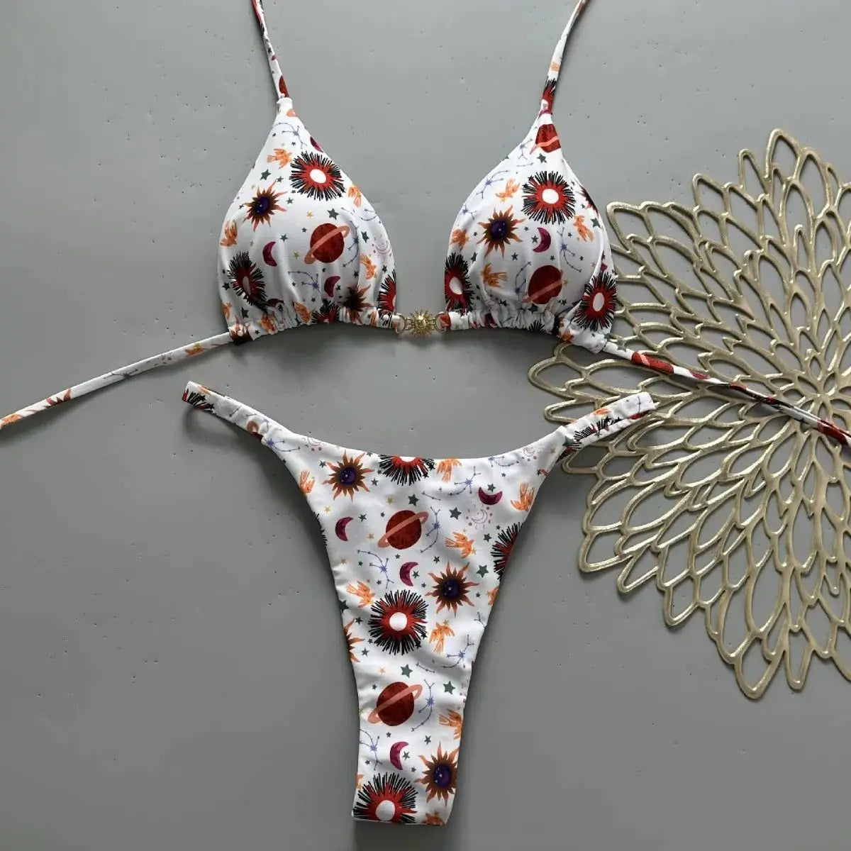 Micro Bikini Set Printed White Two-Piece Swimwear Low Waist Thongs Pool Party