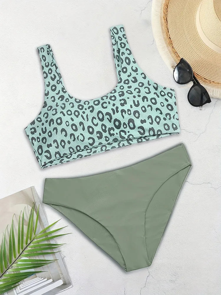 Leopard Corset Bikini Set Sleeveless Backless Two-Piece Swimwear Tight Fit Tank Top With Panties