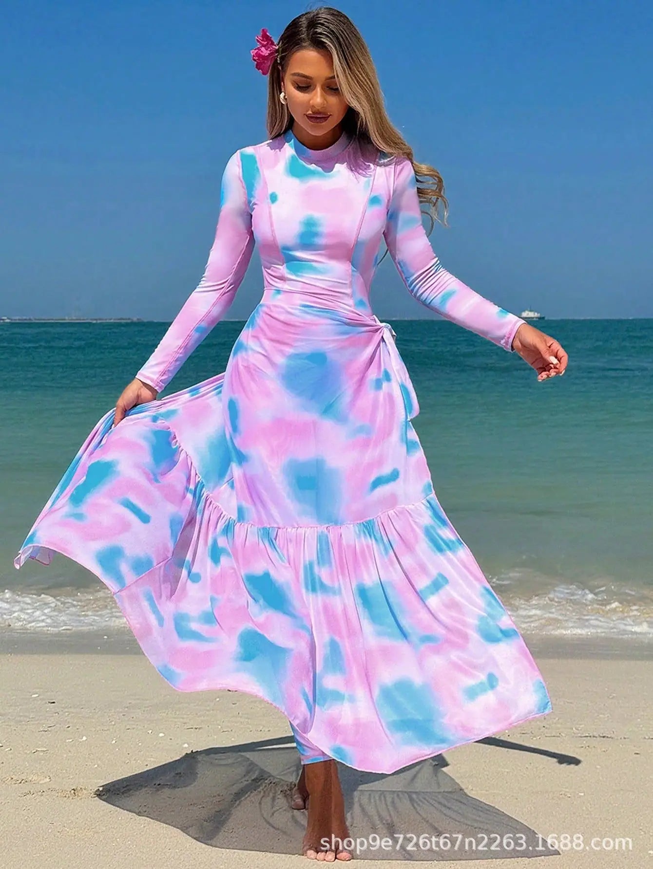 Pink Floral Surf Cover Up & Slimming One Piece Rash Guard Set Long Sleeve Suit