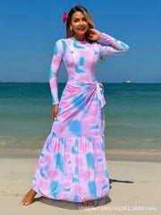 Pink Floral Surf Cover Up & Slimming One Piece Rash Guard Set Long Sleeve Suit