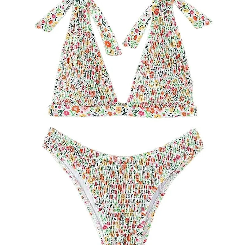 Ribbed Print Bikini Set Tie-Front Triangle Top & Cheeky Panties Two-Piece Swimwearwear