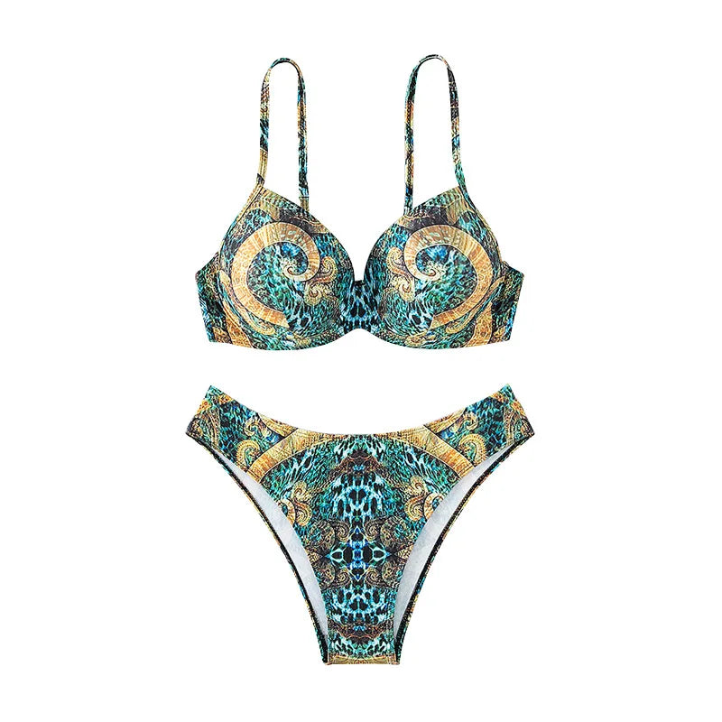 Straps Tribal Bikini Set Underwire Two-Piece Swimwear Printed High Rise Panties Suit