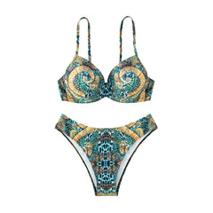 Straps Tribal Bikini Set Underwire Two-Piece Swimwear Printed High Rise Panties Suit
