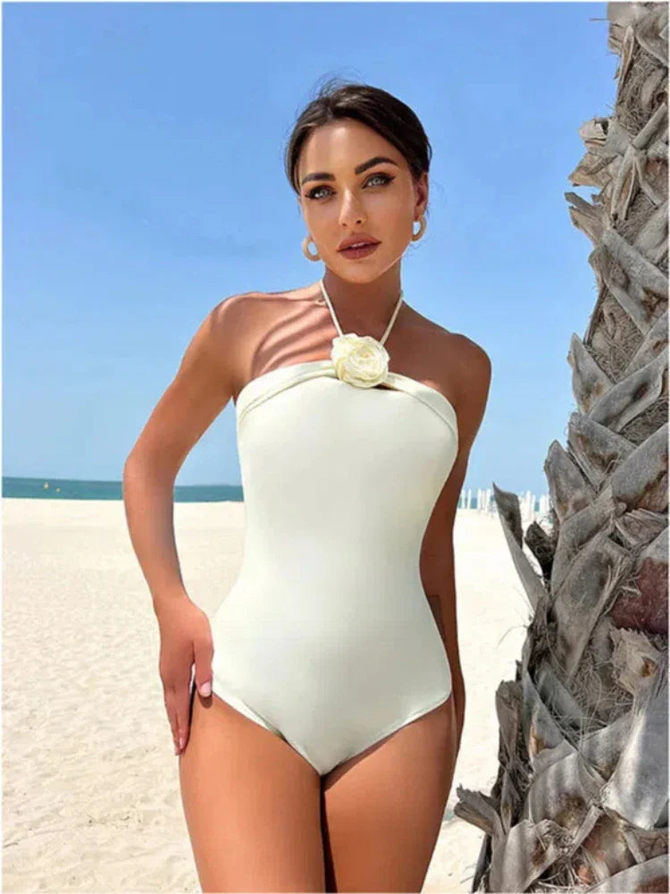 Tropical Print Solid Bikini Set Bottom & Top Floral Swimwear for