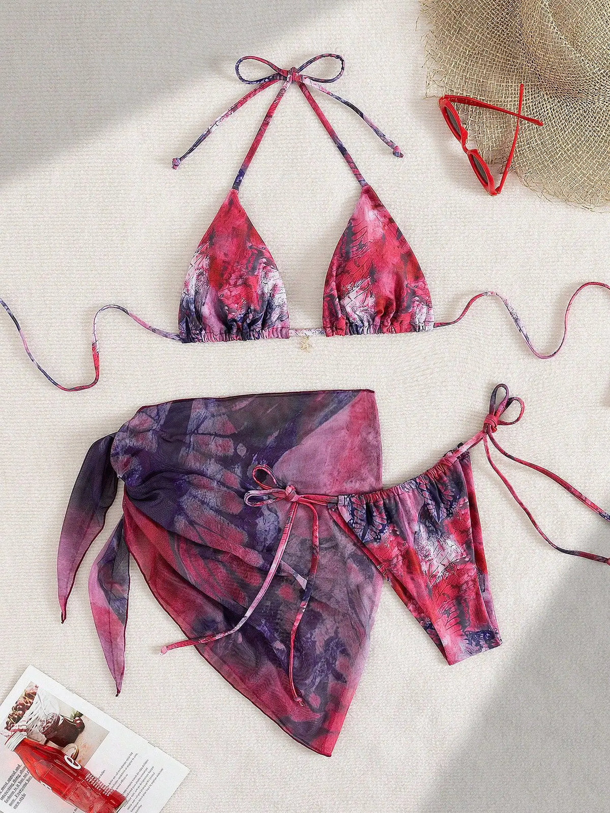 3 Piece Bikini Set Apron Style Cover Up Retro Print Adjustable Ties Swimsuit Lace Up Thongs