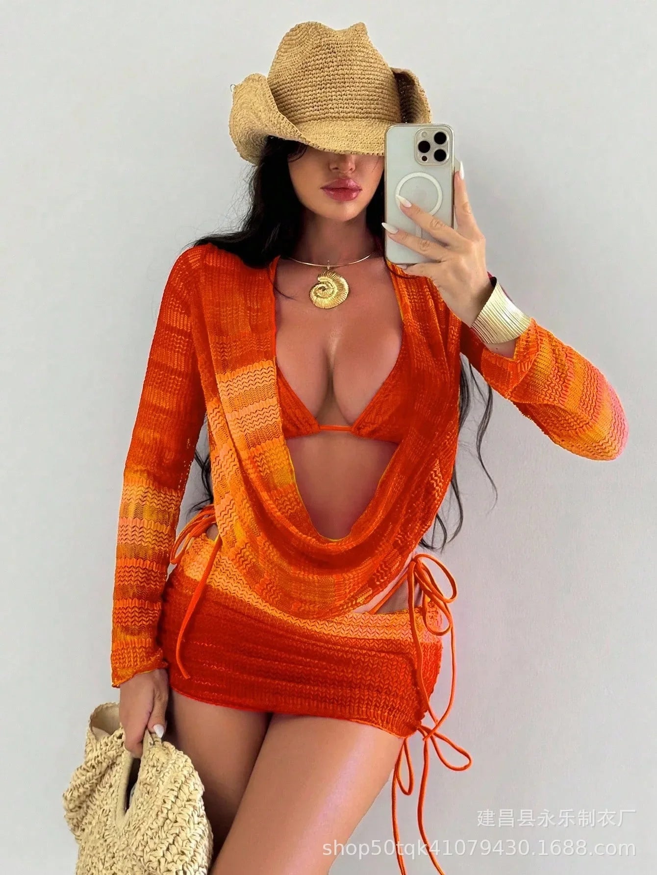 3 Piece Color Block Bikini Set with Sheer Long Sleeve Cover Up Swimsuit Long Sleeve Swimsuit