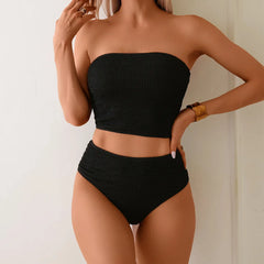 Bandeau Bikini Set Tummy Control Panties Two-Piece Swimsuit Solid Black Two Pieces