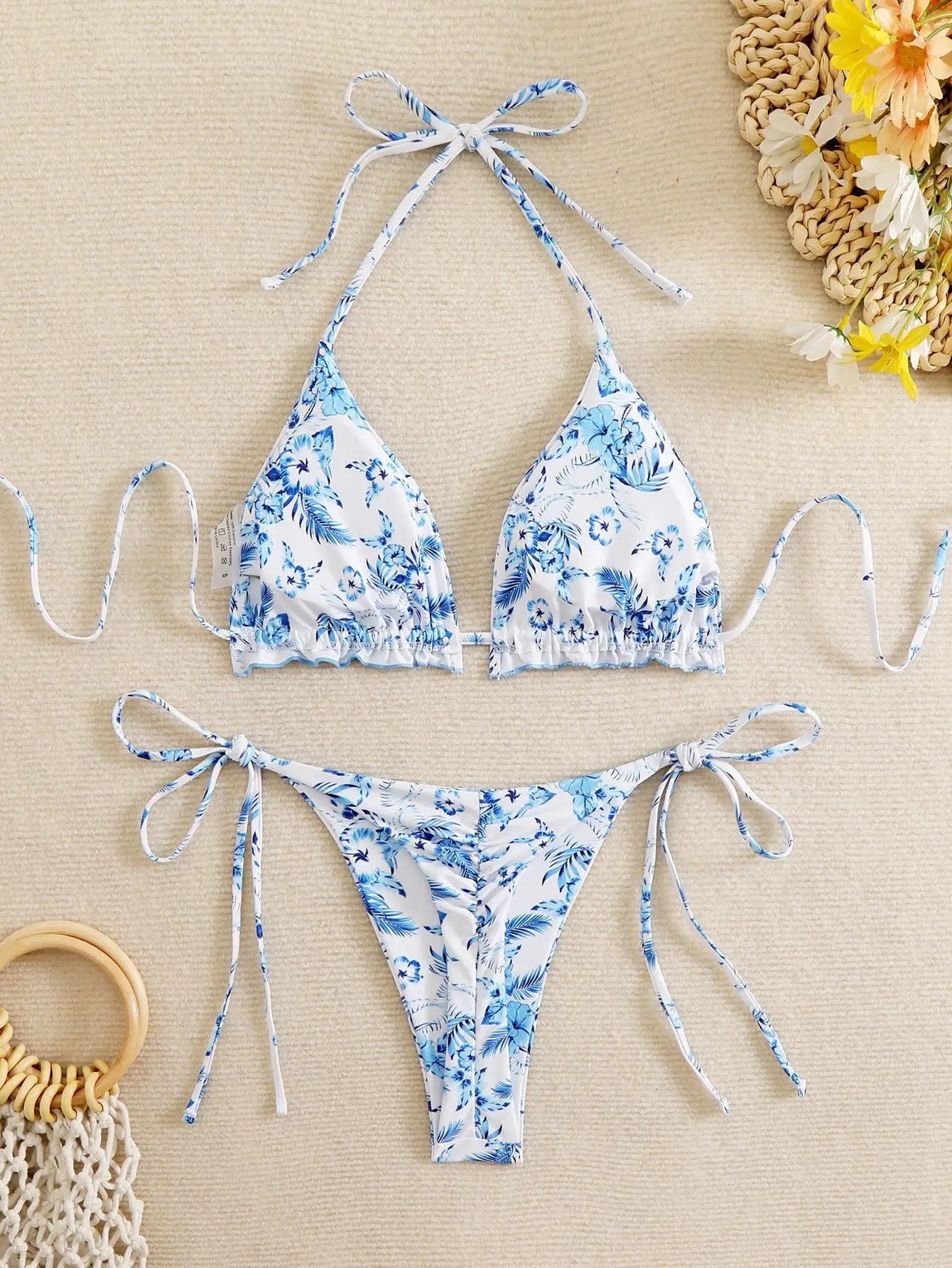 Blue Floral Color V Neckwear Two Piece Swimsuit with Strappy Details Micro Bikini Sets Fit Bandage Suit