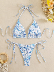 Blue Floral Color V Neckwear Two Piece Swimsuit with Strappy Details Micro Bikini Sets Fit Bandage Suit