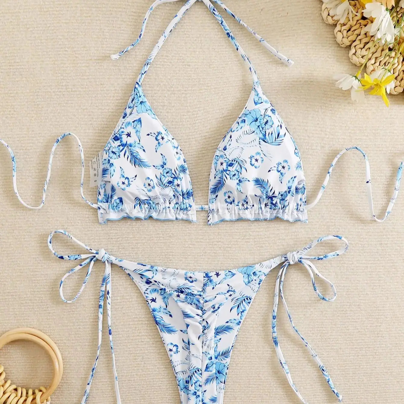 Blue Floral Color V Neckwear Two Piece Swimsuit with Strappy Details Micro Bikini Sets Fit Bandage Suit
