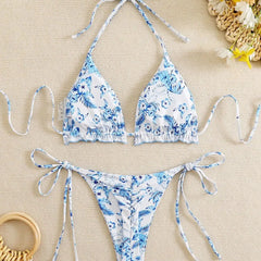 Blue Floral Color V Neckwear Two Piece Swimsuit with Strappy Details Micro Bikini Sets Fit Bandage Suit