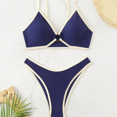 Color Block Micro Bikini Set Halter Neck Two-Piece Swimwear Blue Sleeveless Swimsuits