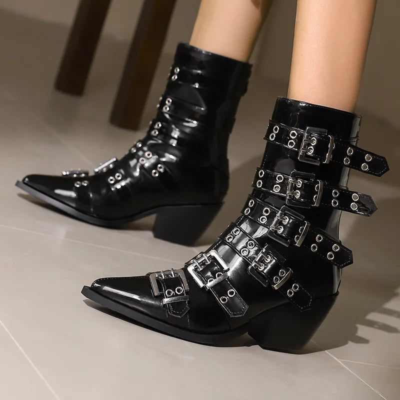 Women's Pointed Punk Style Belt Buckle Pullback Short Boots