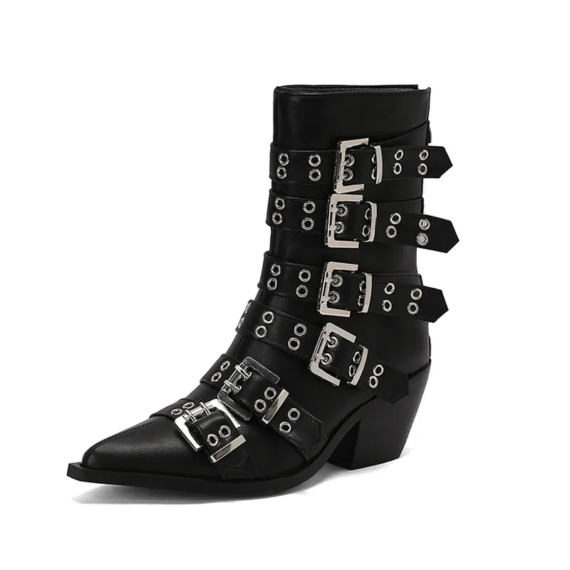 Women's Pointed Punk Style Belt Buckle Pullback Short Boots