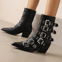 Women's Pointed Punk Style Belt Buckle Pullback Short Boots