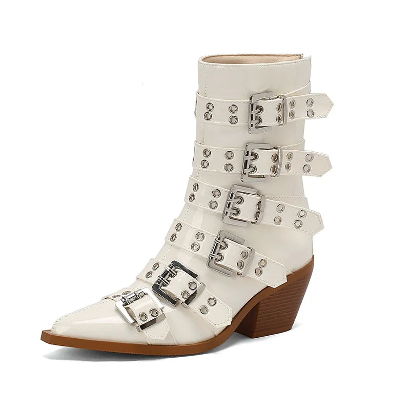 Women's Pointed Punk Style Belt Buckle Pullback Short Boots