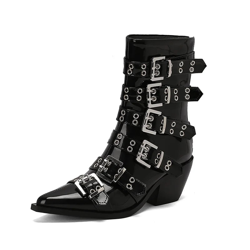 Women's Pointed Punk Style Belt Buckle Pullback Short Boots