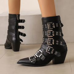 Women's Pointed Punk Style Belt Buckle Pullback Short Boots