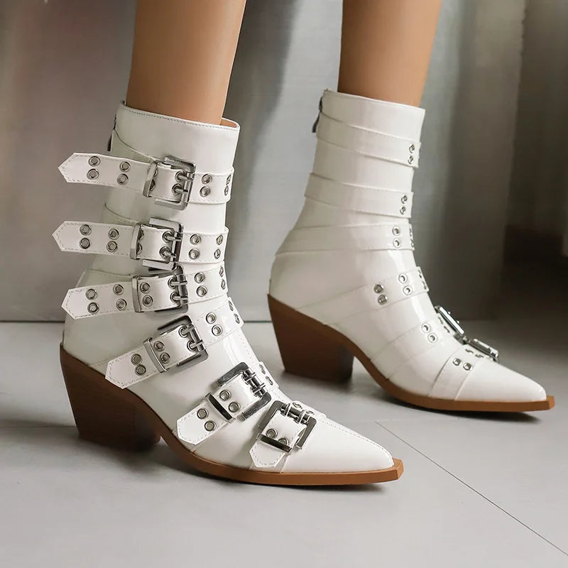 Women's Pointed Punk Style Belt Buckle Pullback Short Boots