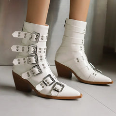 Women's Pointed Punk Style Belt Buckle Pullback Short Boots