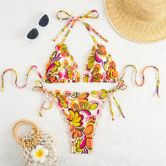 Floral Micro Bikini Set Drawstring Tie-Front Triangle Top & Panties Bandage Two-Piece Swimwear