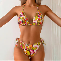 Floral Micro Bikini Set Drawstring Tie-Front Triangle Top & Panties Bandage Two-Piece Swimwear