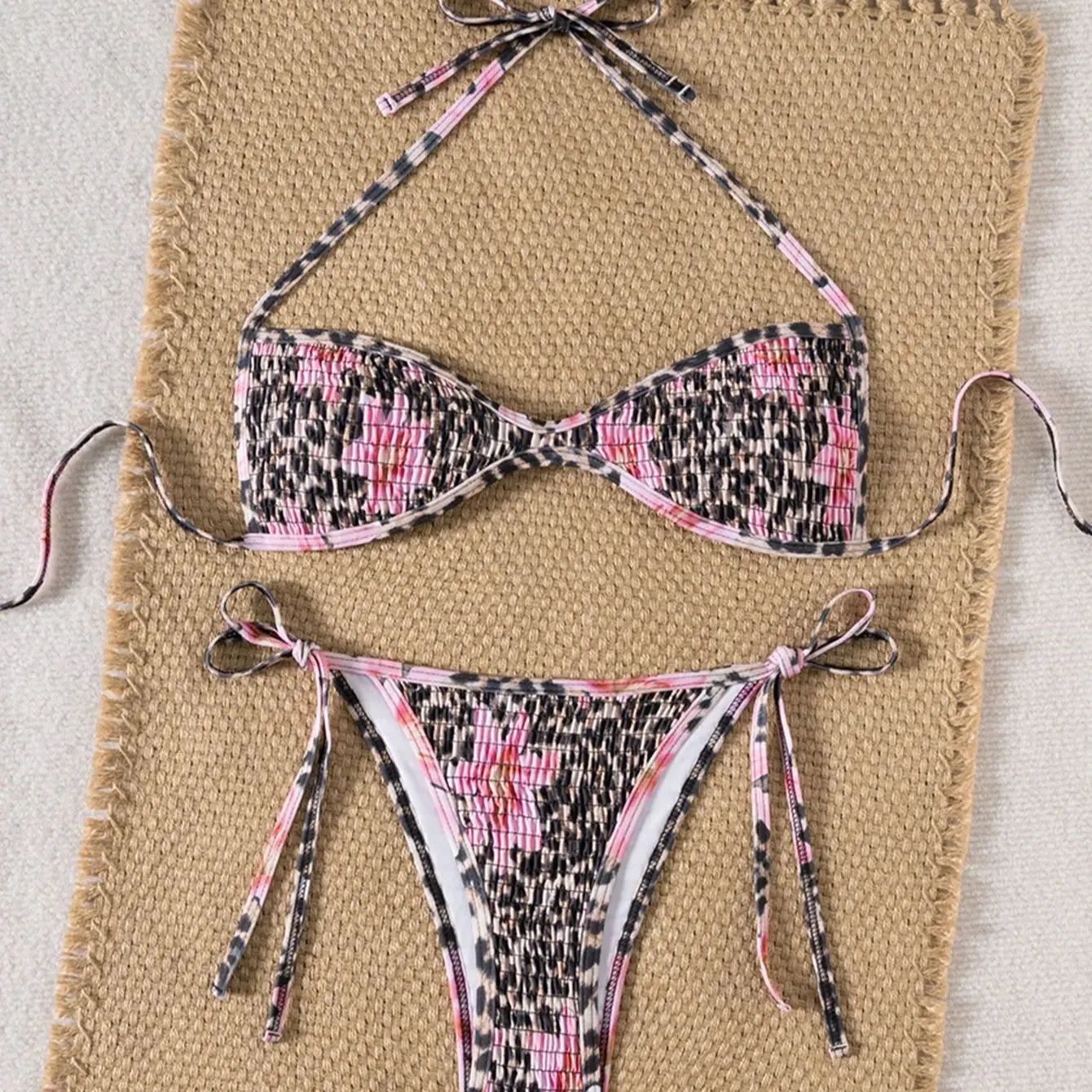 Floral Printed Bikini Set Tie-Front Triangle Top & Panties Set Adjustable Two-Piece Swimwear