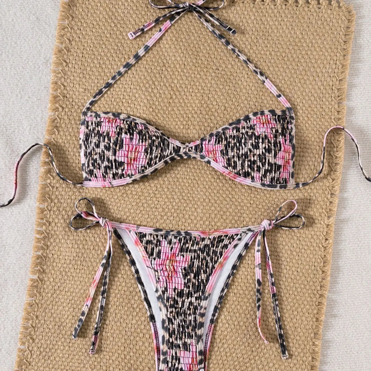 Floral Printed Bikini Set Tie-Front Triangle Top & Panties Set Adjustable Two-Piece Swimwear