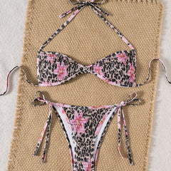 Floral Printed Bikini Set Tie-Front Triangle Top & Panties Set Adjustable Two-Piece Swimwear