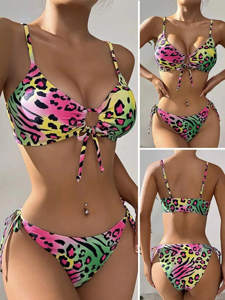 Halter Bikini Set Low-Cut Triangle Top with Adjustable Drawstrings Two-Piece Corset Swimwear