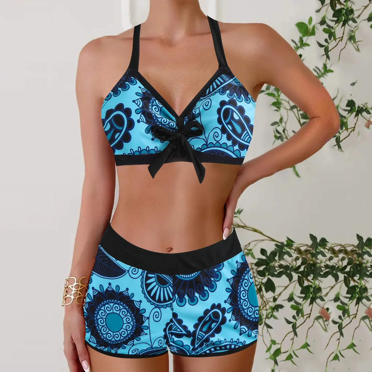 Bikini Set Floral Print Two Piece Swimwear V Neck Bathing Swimsuit